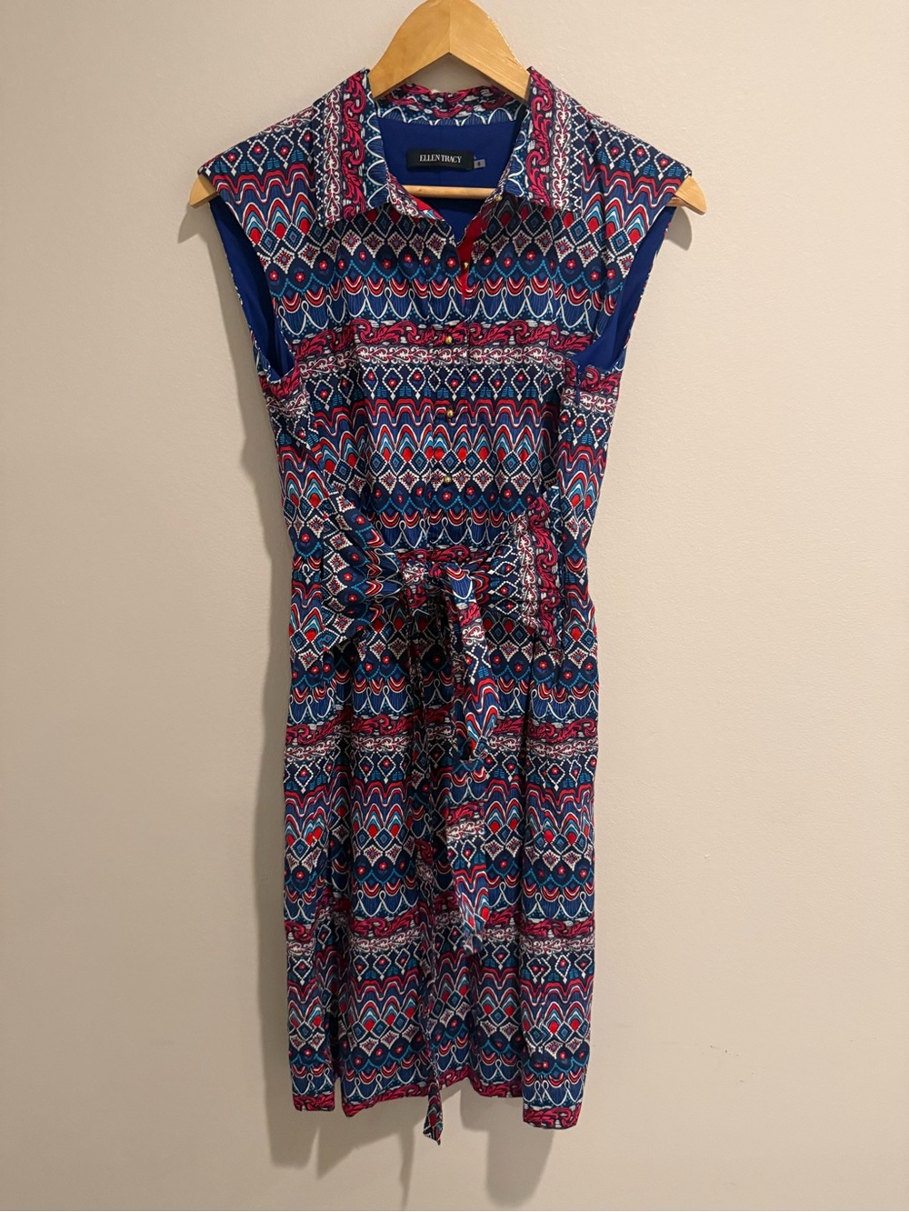 Ellen Tracy Blue Red Geometric Belted Shirt Dress Size 8 Preppy Polo EUC